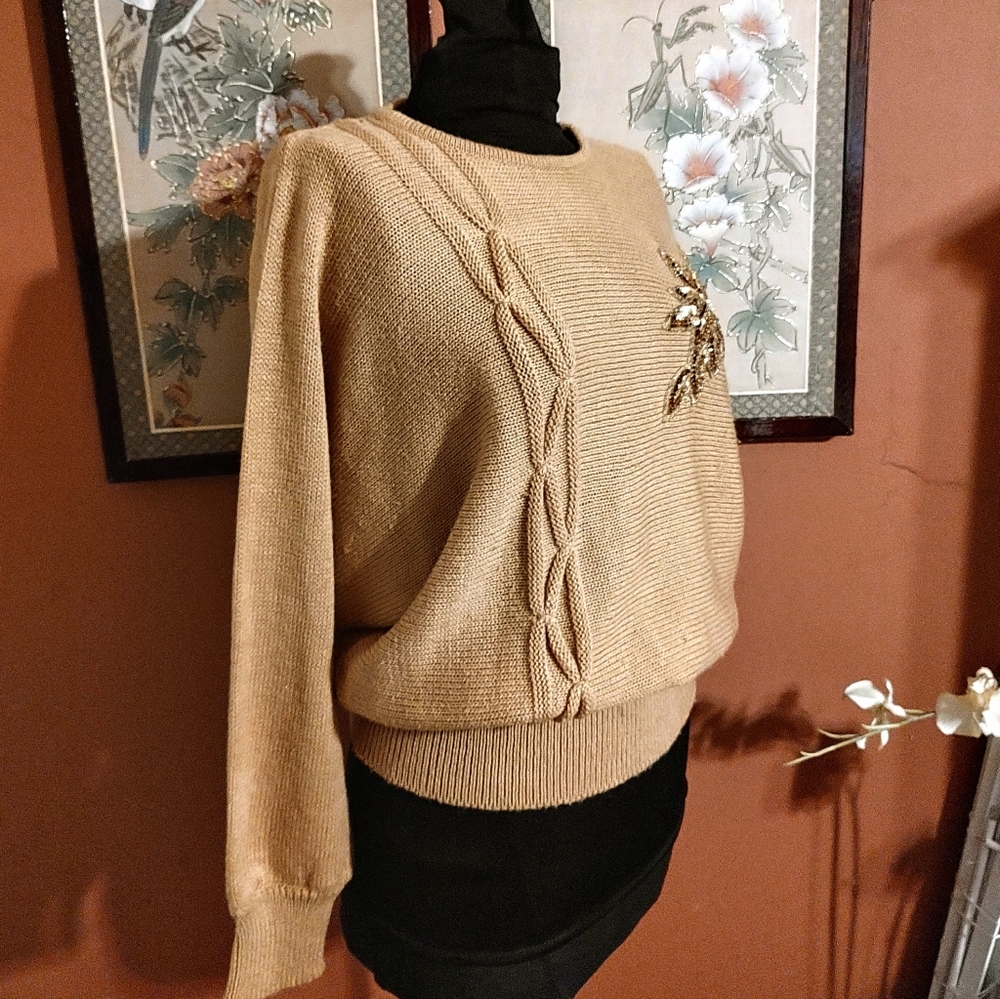 🔸🤎🔸Amazing Vtg 80's Mocha Caramel Tan Dolman Cable Knit Sequin Sweater - M/L - Picture 4 of 15